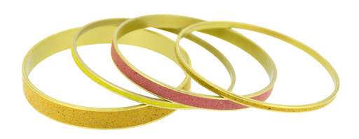 A collection of pigmented concrete brass bangle bracelets in orange, red and yellow colors 
