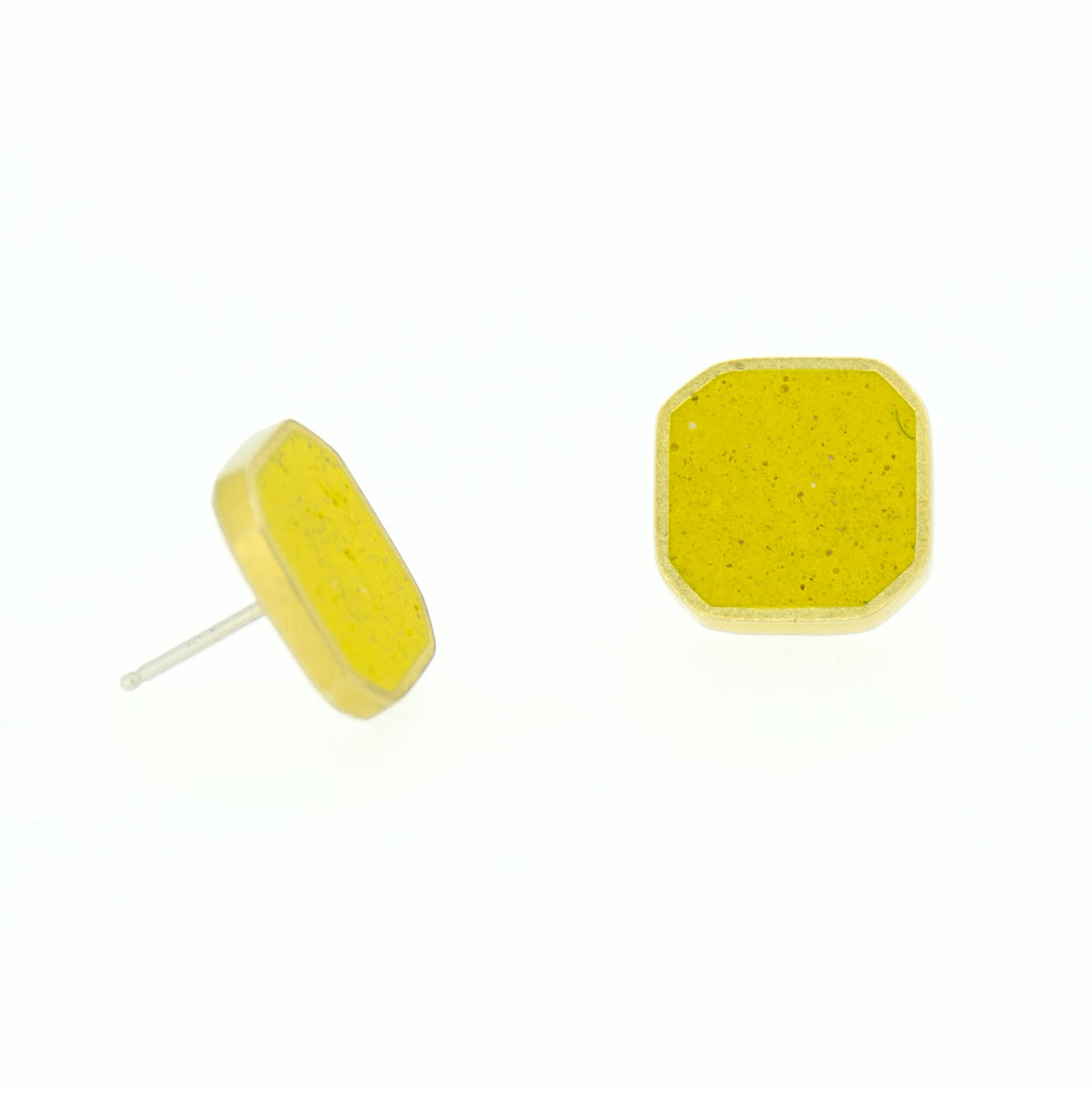 Concrete cluster earrings with yellow pigmented concrete in a brass octagon shaped setting